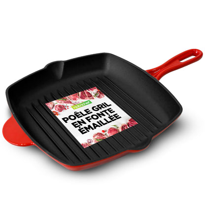 Kitchen Skillet Grill Pan - Square Cast Iron Skillet Grilling Pan With Non-Stick Enamel Coating