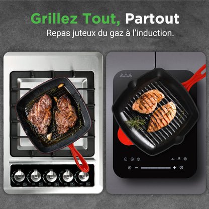 Kitchen Skillet Grill Pan - Square Cast Iron Skillet Grilling Pan With Non-Stick Enamel Coating