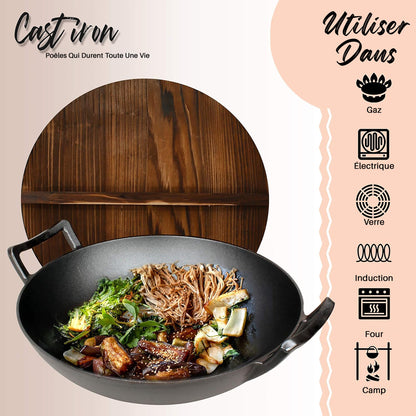 Pre-Seasoned Cooking Wok - Cast Iron Stir Fry Wok With Wooden Lid
