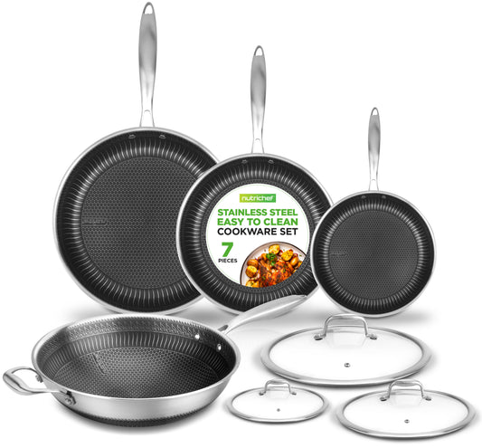 Ensemble de cuisine Casseroles et poêles - Batterie de cuisine en acier inoxydable à trois couches, revêtement antiadhésif Dakin à l'intérieur et à l'extérieur (ensemble de 7 pièces) 
