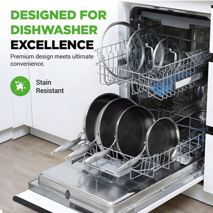 Ensemble de cuisine Casseroles et poêles - Batterie de cuisine en acier inoxydable à trois couches, revêtement antiadhésif Dakin à l'intérieur et à l'extérieur (ensemble de 7 pièces) 