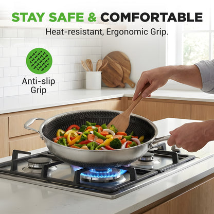 Ensemble de cuisine Casseroles et poêles - Batterie de cuisine en acier inoxydable à trois couches, revêtement antiadhésif Dakin à l'intérieur et à l'extérieur (ensemble de 7 pièces) 