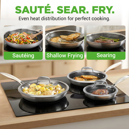 Ensemble de cuisine Casseroles et poêles - Batterie de cuisine en acier inoxydable à trois couches, revêtement antiadhésif Dakin à l'intérieur et à l'extérieur (ensemble de 7 pièces) 