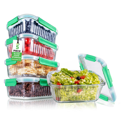5-Piece Superior Glass Food Storage Containers Set - Stackable Design, Newly Bpa-Free Airtight Locking Lids With Wave Design