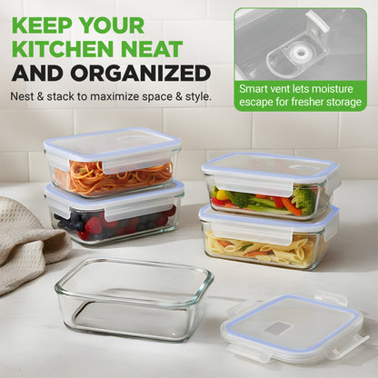 10-Piece Superior Glass Food Storage Containers Set - Stackable Design, Newly Bpa-Free Airtight Clear Locking Lids With Vent Lids & Blue Air Hole