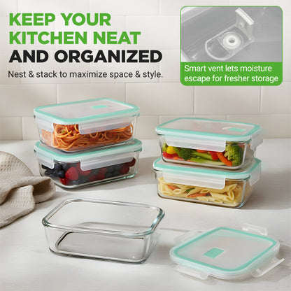 10-Piece Superior Glass Food Storage Containers Set - Stackable Design, Newly Bpa-Free Airtight Clear Locking Lids With Vent Lids & Green Air Hole