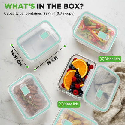 10-Piece Superior Glass Food Storage Containers Set - Stackable Design, Newly Bpa-Free Airtight Clear Locking Lids With Vent Lids & Green Air Hole