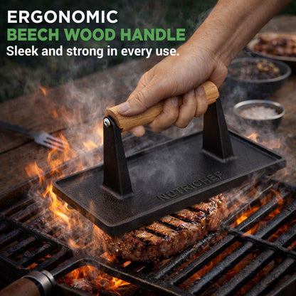 NutriChef Cast Iron Grill Press – Heavy‑Duty Bacon, Burger & Steak Press with Beech Wood Handle