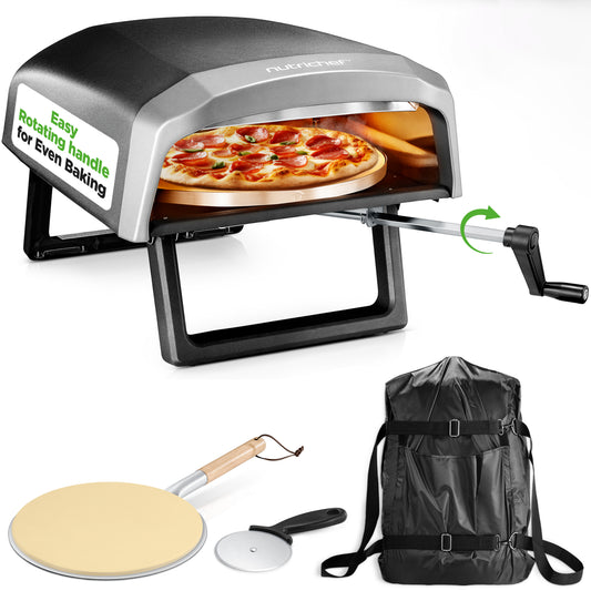 NutriChef 360° Portable Gas Pizza Oven – Rotating Stone, Accessories Included, Indoor & Outdoor Use