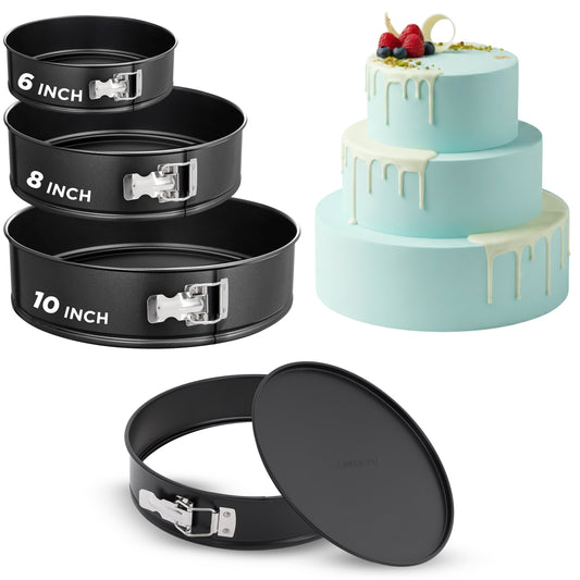 3-Piece Leak Proof Springform Pan Set- With Stainless Steel Lock And 300 Pieces Parchment Paper (Black)