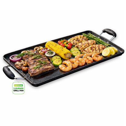 NutriChef Plaque de cuisson antiadhésive à double brûleur avec poignées en bakélite – Compatible avec les plaques de cuisson à gaz, céramique, verre et halogène 