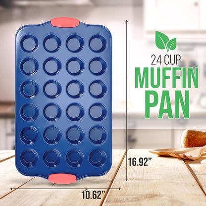 24 Cup Muffin Pan - Deluxe Nonstick Blue Coating Inside & Outside With Red Silicone Handles, Compatible With Model: Ncsbsbl10 (Blue)
