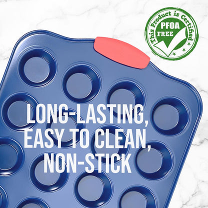 24 Cup Muffin Pan - Deluxe Nonstick Blue Coating Inside & Outside With Red Silicone Handles, Compatible With Model: Ncsbsbl10 (Blue)