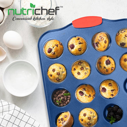 24 Cup Muffin Pan - Deluxe Nonstick Blue Coating Inside & Outside With Red Silicone Handles, Compatible With Model: Ncsbsbl10 (Blue)