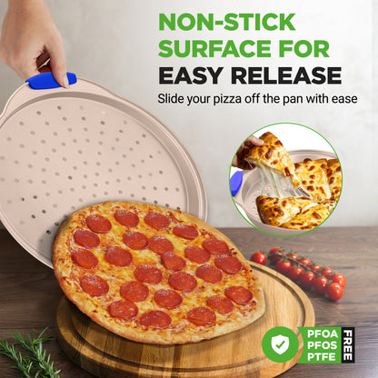 Non-stick Pizza Pan 36cm - Carbon Steel with Perforated Holes & Silicone Handles