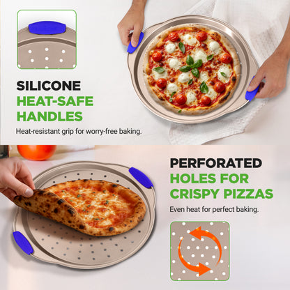 Non-stick Pizza Pan 36cm - Carbon Steel with Perforated Holes & Silicone Handles