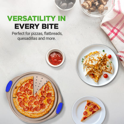 Non-stick Pizza Pan 36cm - Carbon Steel with Perforated Holes & Silicone Handles
