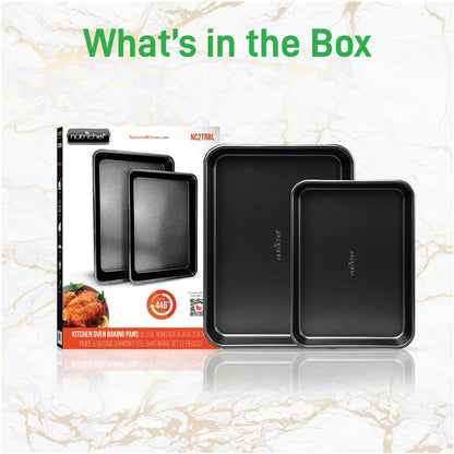 2-Pc. Nonstick Cookie Sheet Baking Pan - Professional Quality Kitchen Cooking Non-Stick Bake Trays With Black Coating Inside & Outside