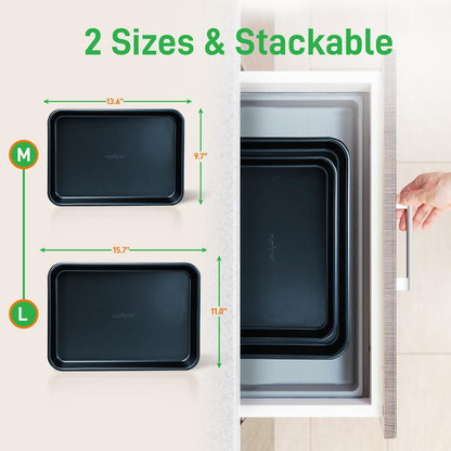 2-Pc. Nonstick Cookie Sheet Baking Pan - Professional Quality Kitchen Cooking Non-Stick Bake Trays With Blue Diamond Coating Inside & Outside