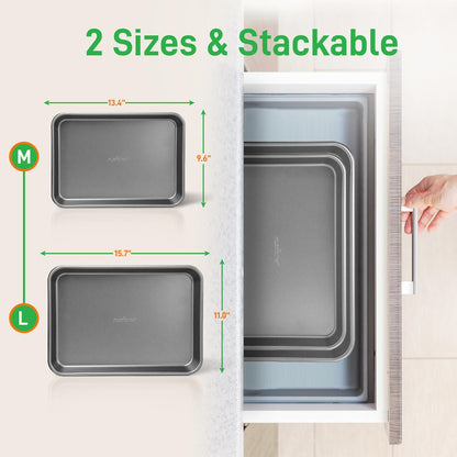 2-Pc. Nonstick Cookie Sheet Baking Pan - Professional Quality Kitchen Cooking Non-Stick Bake Trays With Gray Coating Inside & Outside