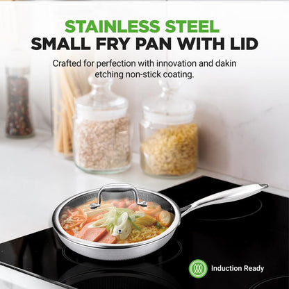 8'' Stir Fry Pan With Glass Lid - Triply Stainless Steel Cookware, Dakin Etching Non-Stick Coating Inside And Outside