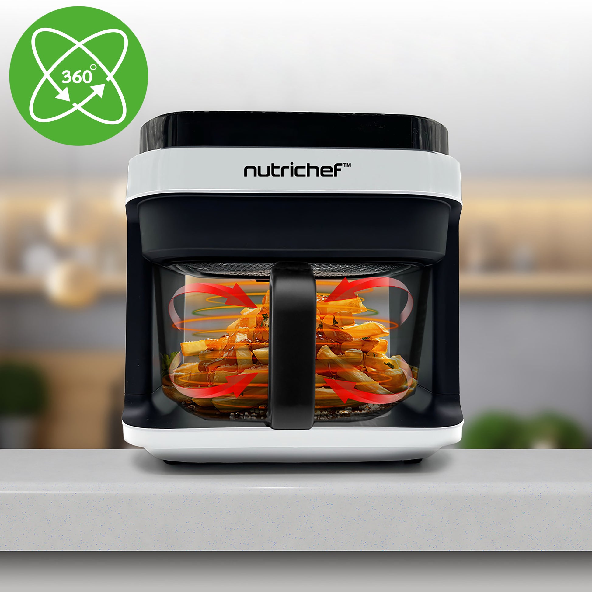 NutriChef 8 in 1 air fryer  with visible contents on a kitchen counter