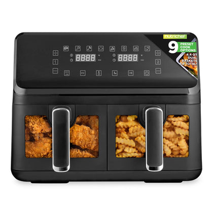 Friteuse à air à double panier de 4,4Qt - Cuiseur électrique sans huile avec affichage numérique personnalisé et fenêtre transparente (Noir) 