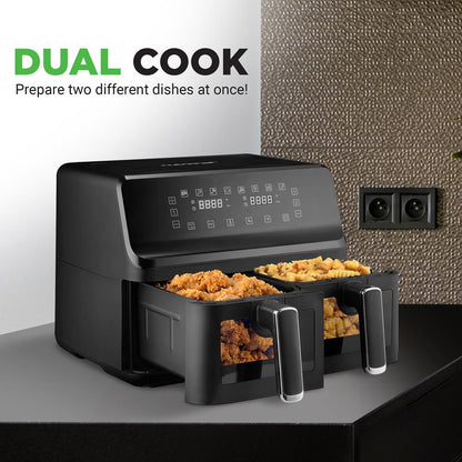Friteuse à air à double panier de 4,4Qt - Cuiseur électrique sans huile avec affichage numérique personnalisé et fenêtre transparente (Noir) 