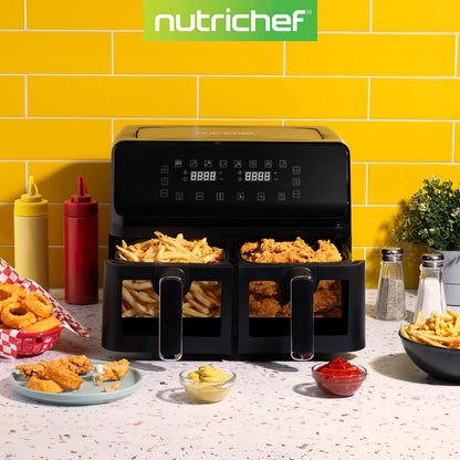 Friteuse à air à double panier de 4,4Qt - Cuiseur électrique sans huile avec affichage numérique personnalisé et fenêtre transparente (Noir) 