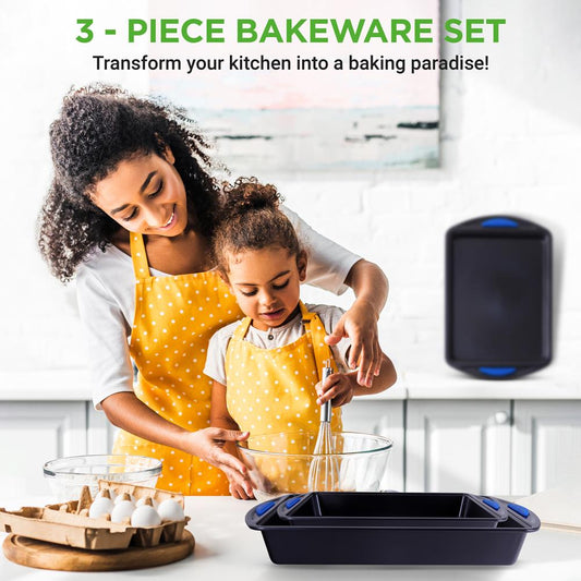Moules à pâtisserie pour four de cuisine - Ensemble de moules à pâtisserie en acier au carbone avec revêtement en diamant bleu antiadhésif à l'intérieur et à l'extérieur avec poignées en silicone bleu (3 pièces) 