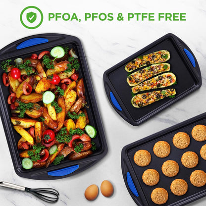 Moules à pâtisserie pour four de cuisine - Ensemble de moules à pâtisserie en acier au carbone avec revêtement en diamant bleu antiadhésif à l'intérieur et à l'extérieur avec poignées en silicone bleu (3 pièces) 