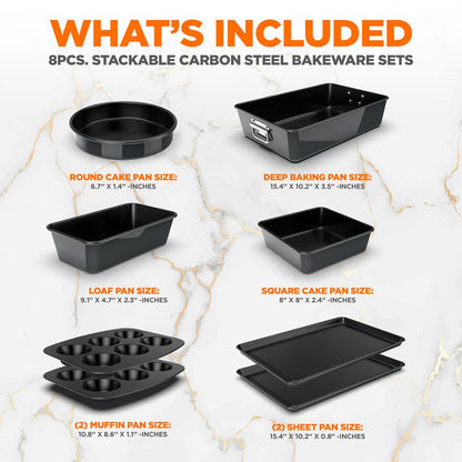8 pièces. Ensembles de moules à pâtisserie empilables en acier au carbone - Revêtement antiadhésif, ensemble de plaques de cuisson (Noir) 
