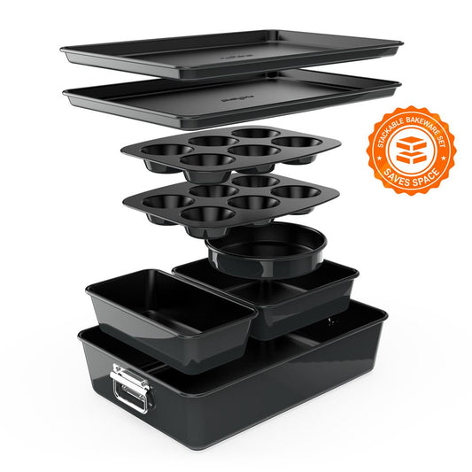 8 pièces. Ensembles de moules à pâtisserie empilables en acier au carbone - Revêtement antiadhésif, ensemble de plaques de cuisson (Noir) 