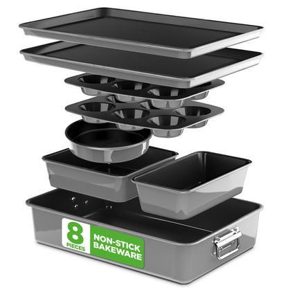 8-Piece Stackable Nonstick Carbon Steel Bakeware Pan Set - Grey