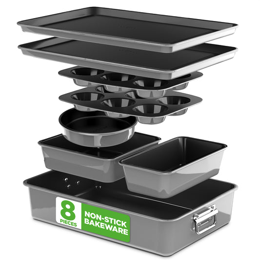 8-Piece Stackable Nonstick Carbon Steel Bakeware Pan Set - Grey