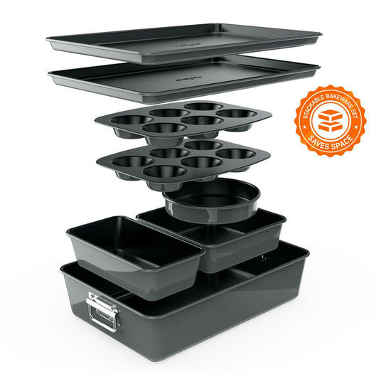 8 pièces. Ensembles de moules à pâtisserie empilables en acier au carbone - Revêtement antiadhésif, ensemble de plaques de cuisson (Gris) 