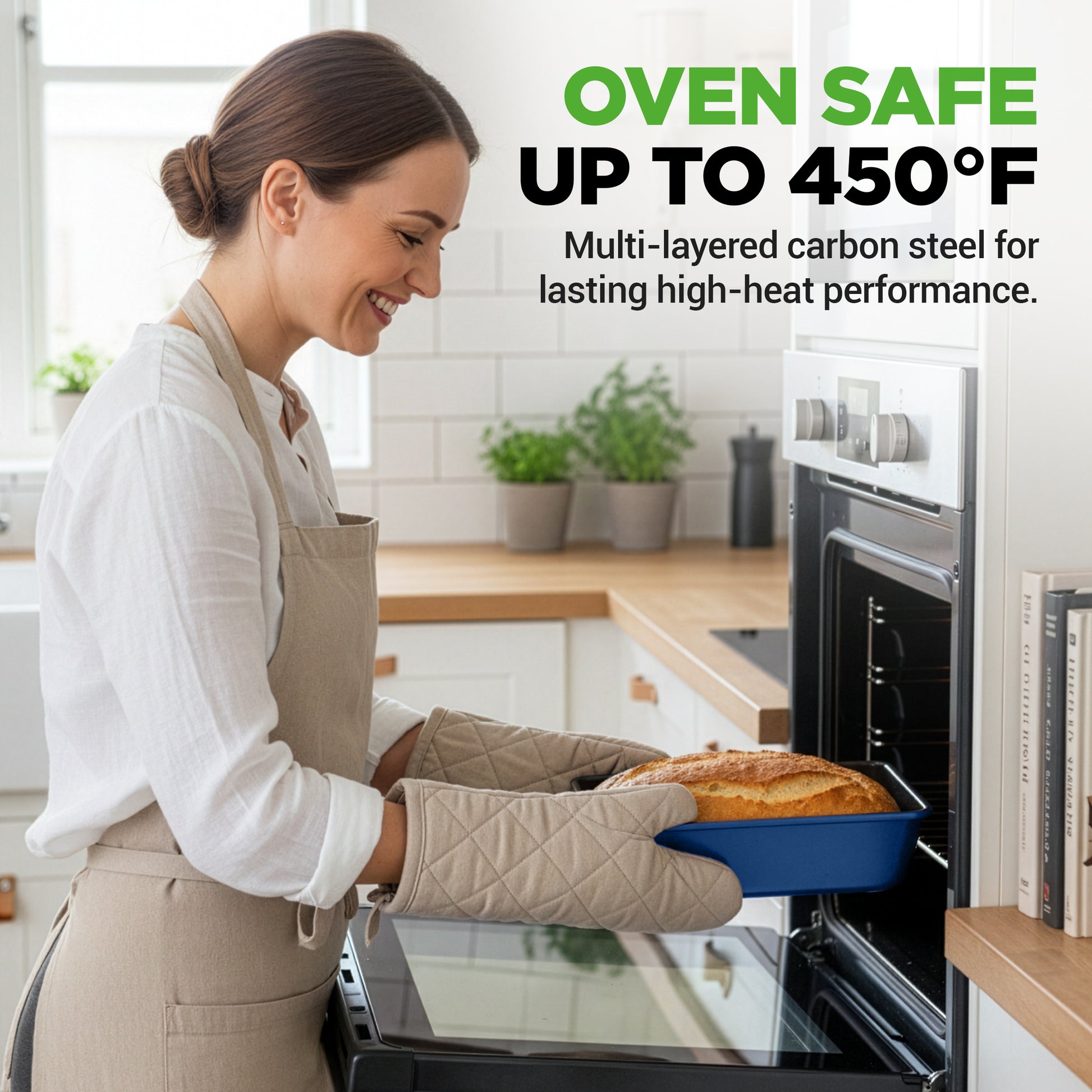 Woman in a kitchen taking a dish out of an oven with text about oven safety.