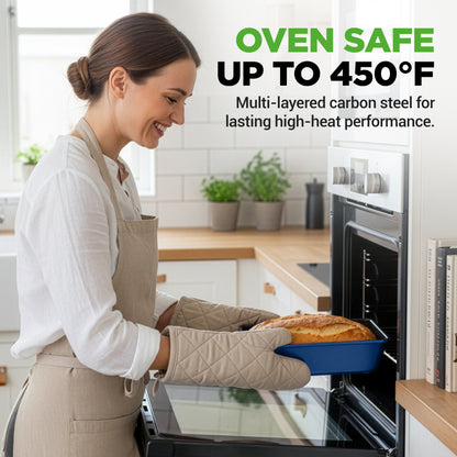 Woman in a kitchen taking a dish out of an oven with text about oven safety.