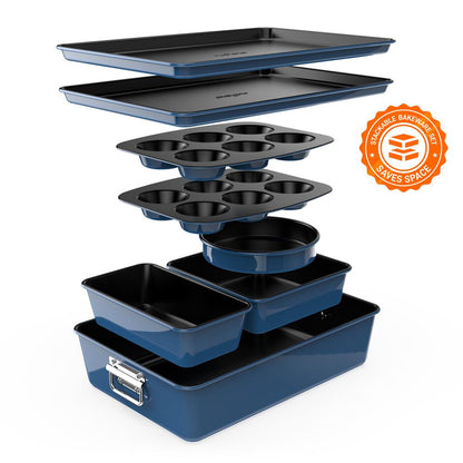 8 pièces. Ensembles de moules à pâtisserie empilables en acier au carbone - Revêtement antiadhésif, ensemble de plaques de cuisson (bleu) 