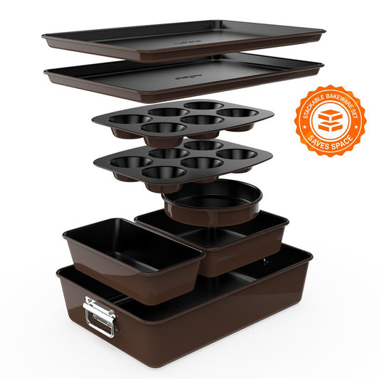 8 pièces. Ensembles de moules à pâtisserie empilables en acier au carbone - Revêtement antiadhésif, Ensemble de plaques à pâtisserie (Marron) 