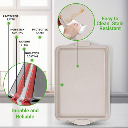 Ensemble de 3 plaques à pâtisserie antiadhésives avec poignées en silicone pour la cuisson (Marbre Crème) 