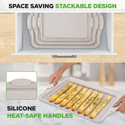 Ensemble de 3 plaques à pâtisserie antiadhésives avec poignées en silicone pour la cuisson (Marbre Crème) 