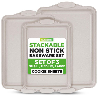 Ensemble de 3 plaques à pâtisserie antiadhésives avec poignées en silicone pour la cuisson (Marbre Crème) 