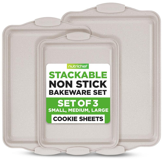3 Piece Non-Stick Cookie Sheet Tray Set With Silicone Handles For Baking (Cream Marble)