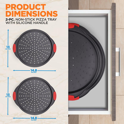 Plateau à pizza antiadhésif 2 pièces avec poignée en silicone - Moule rond en acier antiadhésif avec trous perforés 