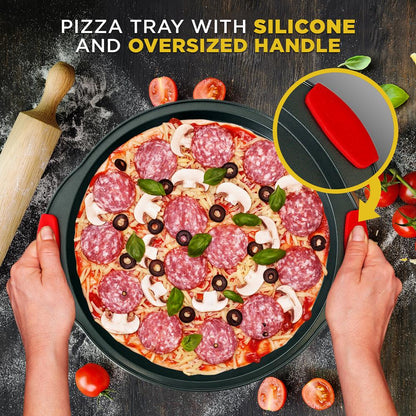Plateau à pizza antiadhésif 2 pièces avec poignée en silicone - Moule rond en acier antiadhésif avec trous perforés 