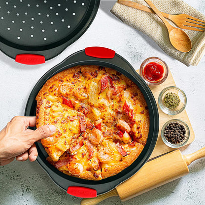 Plateau à pizza antiadhésif 2 pièces avec poignée en silicone - Moule rond en acier antiadhésif avec trous perforés 