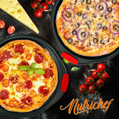 Plateau à pizza antiadhésif 2 pièces avec poignée en silicone - Moule rond en acier antiadhésif avec trous perforés 