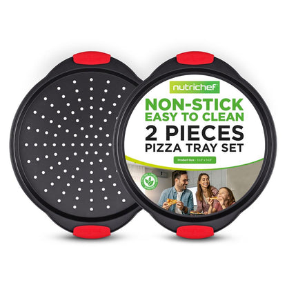 Plateau à pizza antiadhésif 2 pièces avec poignée en silicone - Moule rond en acier antiadhésif avec trous perforés 