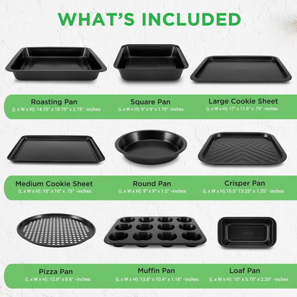 Kitchen Oven Baking Pans - Deluxe Nonstick Gray Coating Inside & Outside Carbon Steel Bakeware Set (10-Pieces)